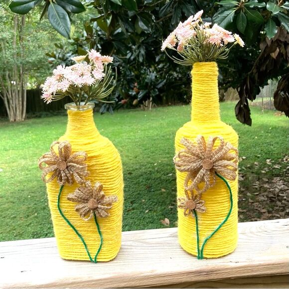 Bud Vases Recycled Glass Flower Yarn Wrapped Yellow Brown Green Set of 2 - Picture 2 of 14